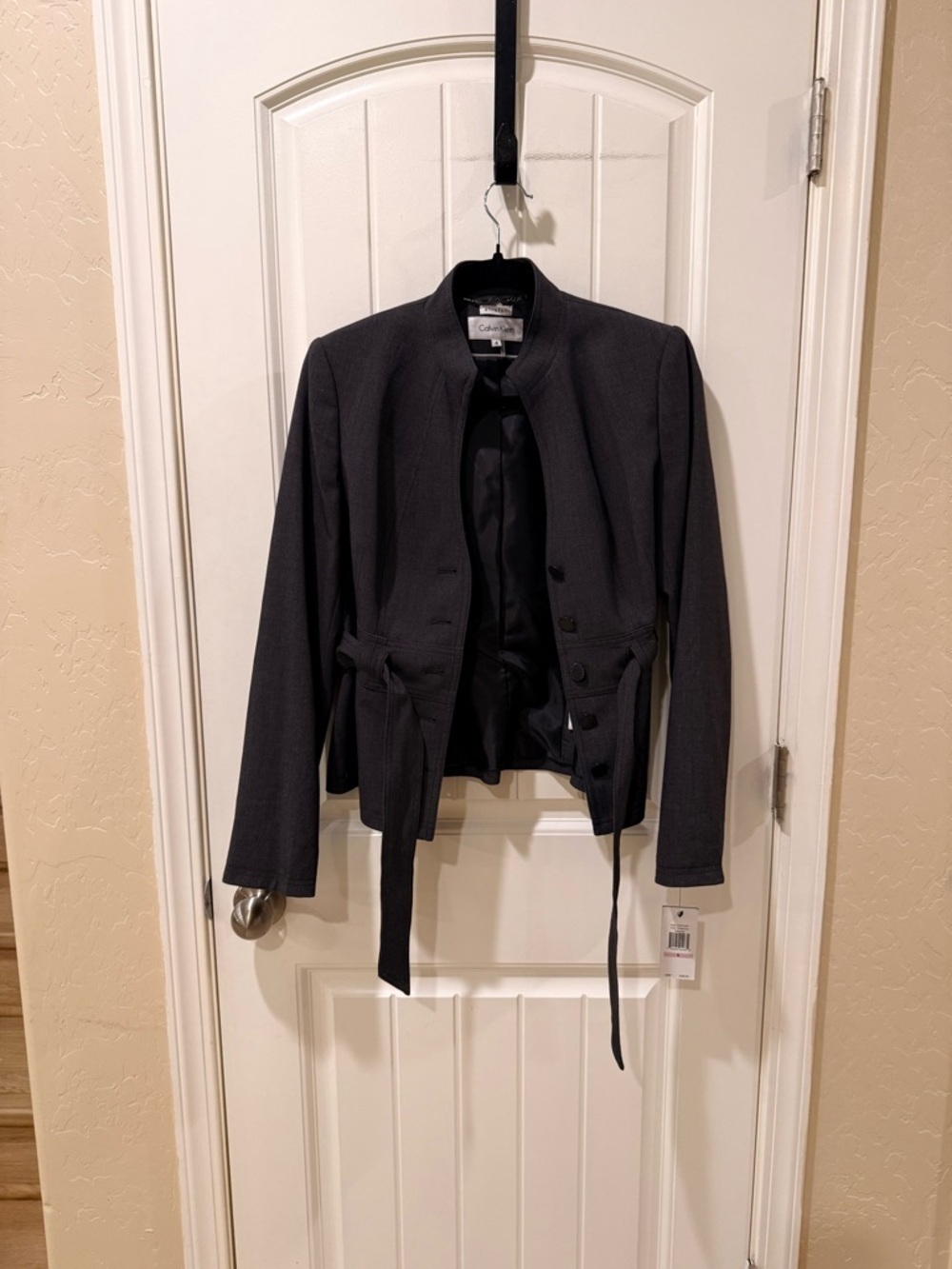 Calvin Klein Women's Grey Belted Mandarin Collar Suit Jacket - Size 6